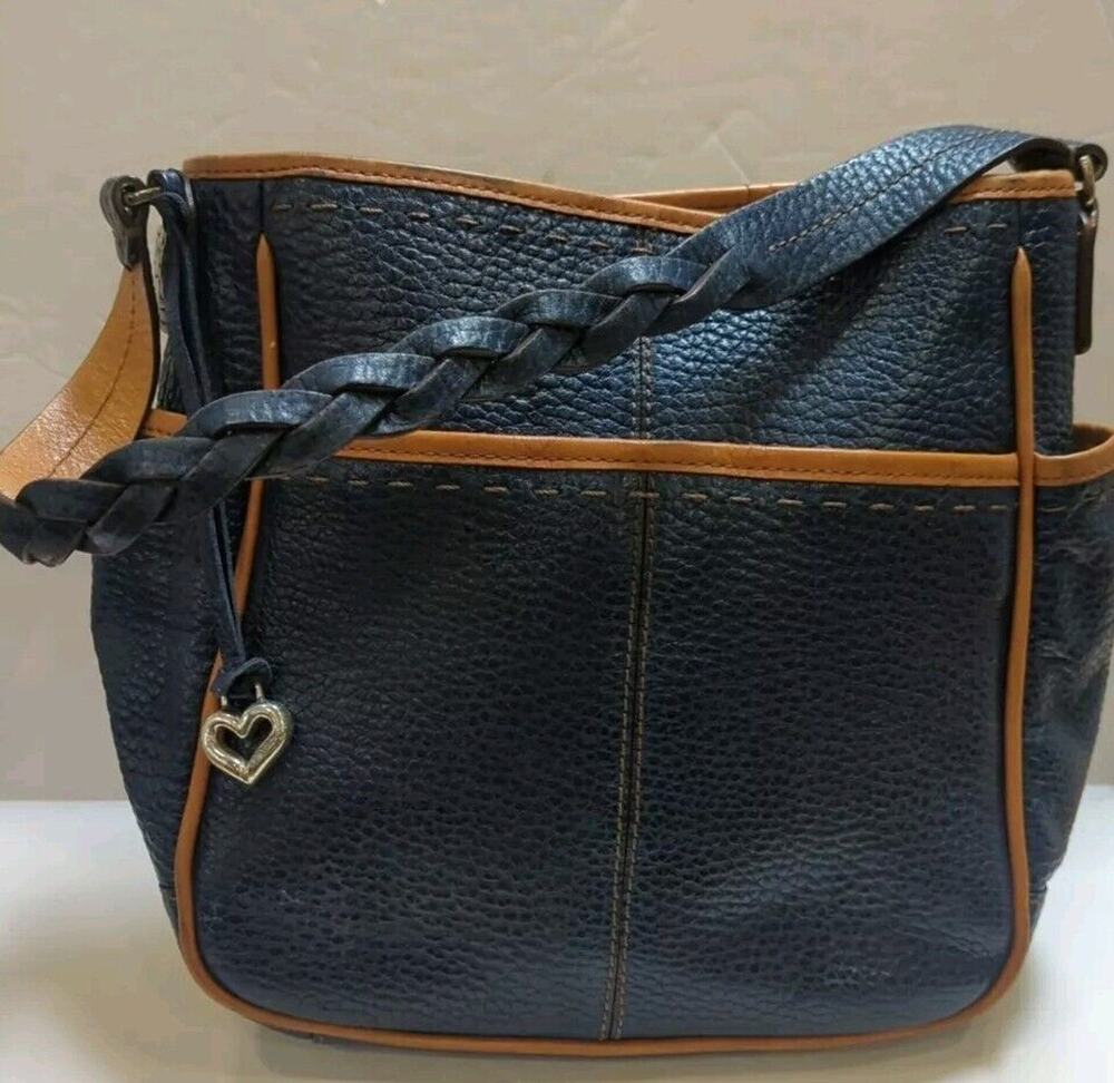 Brighton Aubrey Blue Pebbled Leather Shoulder Bag E932560‎ Navy Tan 12x12x4